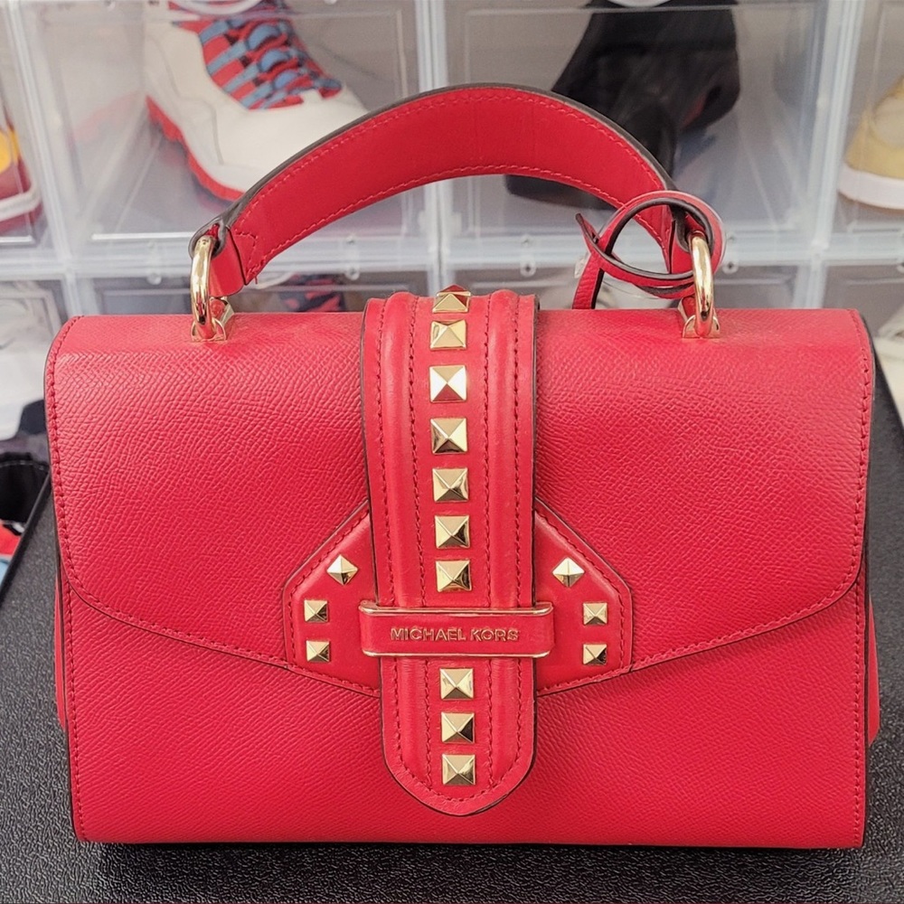 Michael Kors purse | Bleecker Studded Leather Satchel | Red